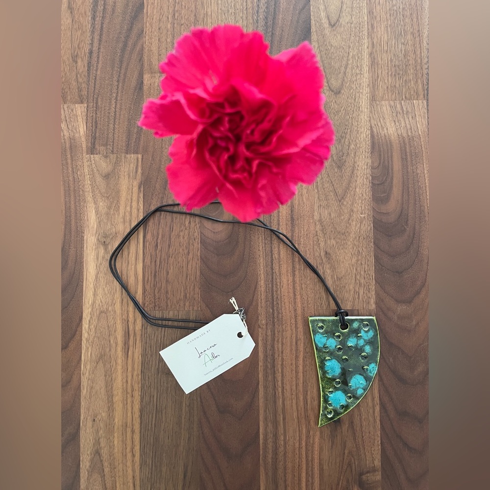 Handmade necklace, blue/yellow/black colors mixed
